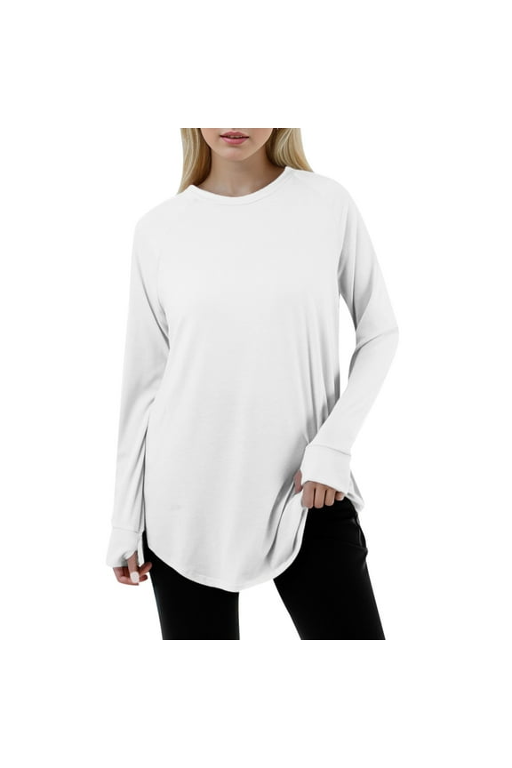 Womens T-Shirts Oversized Curved Hem Crew Neck Curved Hem Long Sleeve TShirt Spring Wear Loose Plain Tunic Tops