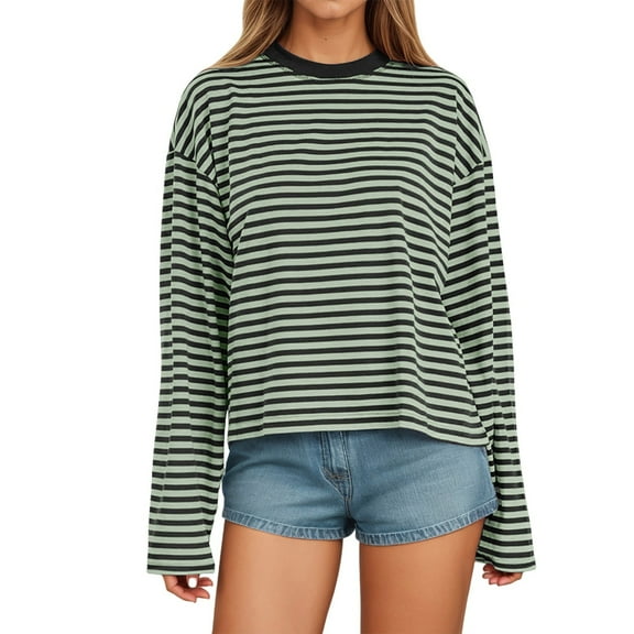 Yuanlong Womens T-Shirts Oversized Drop Long Sleeve Round Neck Striped Tee Shirt Fall Winter Loose Comfortable Shirt Tops