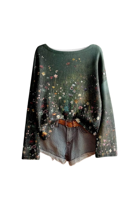 Womens T-Shirts Oversized Long Sleeve Floral Print Boat Neck Tee Outings Spring Loose Lady Cozy Stylish Tshirts