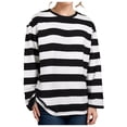 thumbnail image 1 of Yuanlong Womens T-Shirts Oversized Long Sleeve Round Neck Striped Tshirts Street Style Wear Comfortable Lightweight Tops, 1 of 4