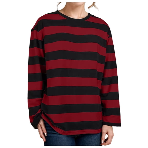 Yuanlong Womens T-Shirts Oversized Long Sleeve Round Neck Striped Tshirts Street Style Wear Comfortable Lightweight Tops