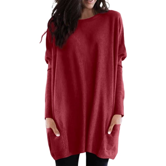 Yuanlong Womens T-Shirts Oversized Puff Sleeves Crewneck Pocket Solid Tshirts Spring Relaxed Cozy Daily Ladies Long Tops