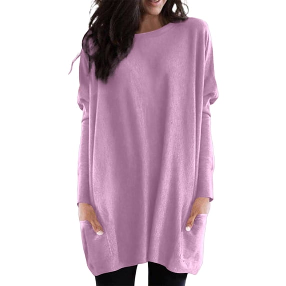 Yuanlong Womens T-Shirts Oversized Puff Sleeves Crewneck Pocket Solid Tshirts Spring Relaxed Cozy Daily Ladies Long Tops