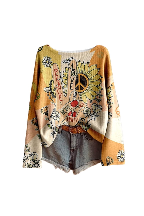 Womens T-Shirts Peace Love Sunflower Print Corduroy Crew Neck Tee Shirts Relaxed Hippie Boho Streetwear Clothes