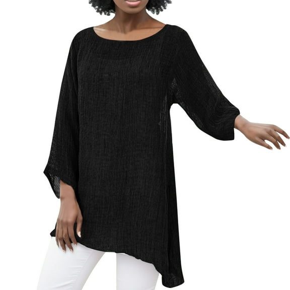 Yuanlong Womens T-Shirts Plain Crinkled Textured 3/4 Sleeve High-Low Hem Tshirt Relaxed Daily & Work Wear Cozy Loose Top