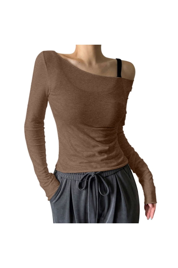 Womens T-Shirts Plain Thin Off Shoulder Long Sleeve Fitted Shirts Valentine'S Day Spring Wear Chic Stylish Tops