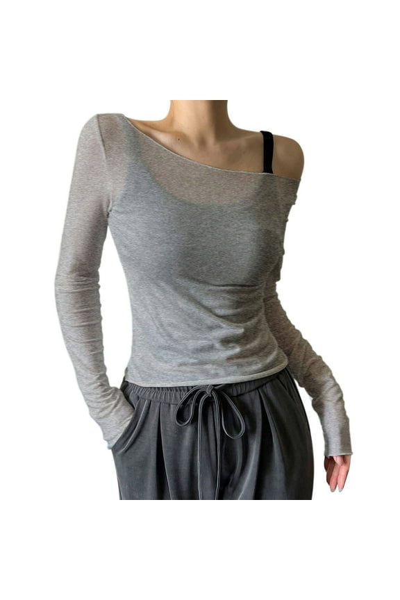 Womens T-Shirts Plain Thin Off Shoulder Long Sleeve Fitted Shirts Valentine'S Day Spring Wear Chic Stylish Tops