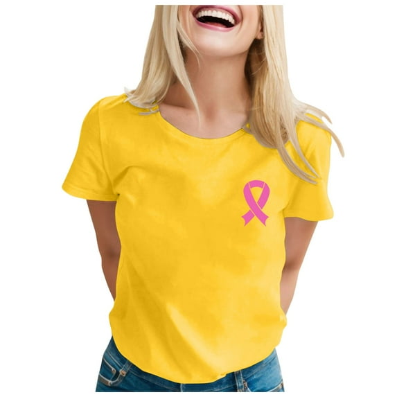 Yuanlong Womens T-Shirts Regular Short Sleeve Round Neck Ribbon Pattern Tee Shirts Cancer Awareness Blessing Ladies Tops