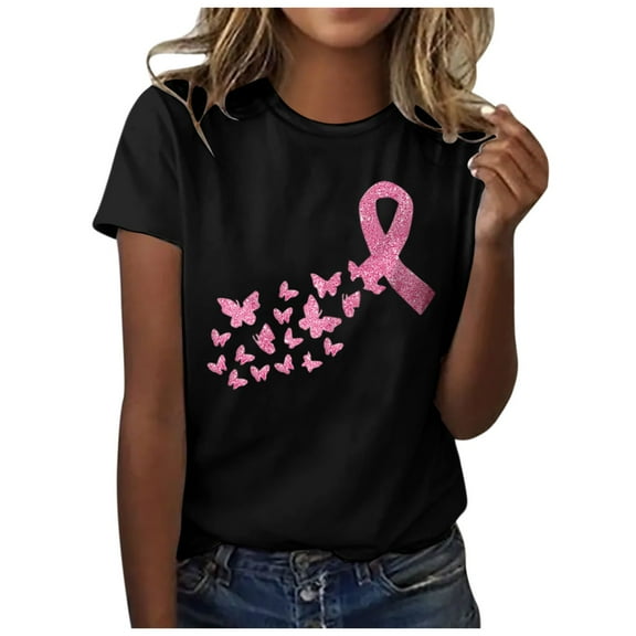 Yuanlong Womens T-Shirts Short Sleeved Ribbon Butterflies Print Tee Shirts Cancer Awareness Blessing Pullover Tops