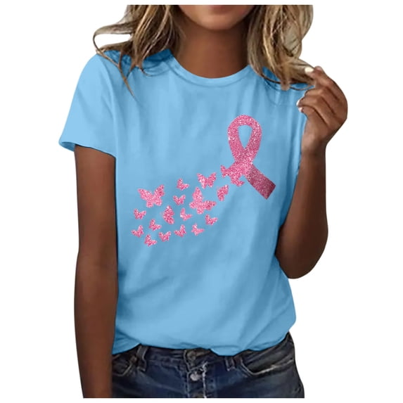 Yuanlong Womens T-Shirts Short Sleeved Ribbon Butterflies Print Tee Shirts Cancer Awareness Blessing Pullover Tops