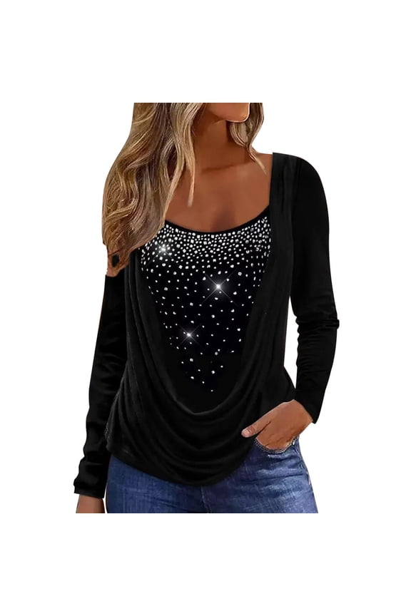 Womens T-Shirts Square Neck Rhinestone Pattern Long Sleeve Tee Shirt Elegant Carnival Wear Tunic Tops For Ladies