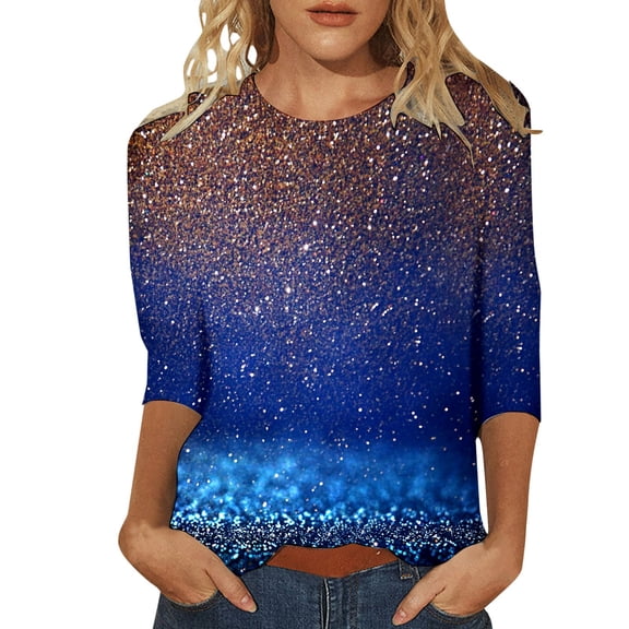 Yuanlong Womens T-Shirts Star Sparkle Print 3/4 Sleeves Round Neck Tee Carnival Spring Wear Lightweight Stylish Lady Tops