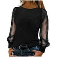 thumbnail image 1 of Yuanlong Womens T-Shirts Light Long Sleeve Sequins Round Neck Solid Tee Tshirtss Spring Fashion Elegant Lady Tops Black, 1 of 9