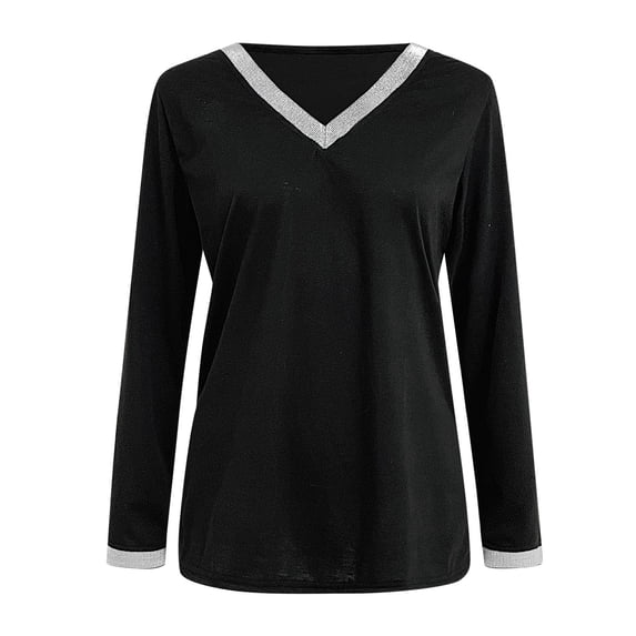 Yuanlong Womens T-Shirts V Neck Rhinestone Trimmed Tshirts Elegant Evening & Formal Event Spring Chic Lady Clothes