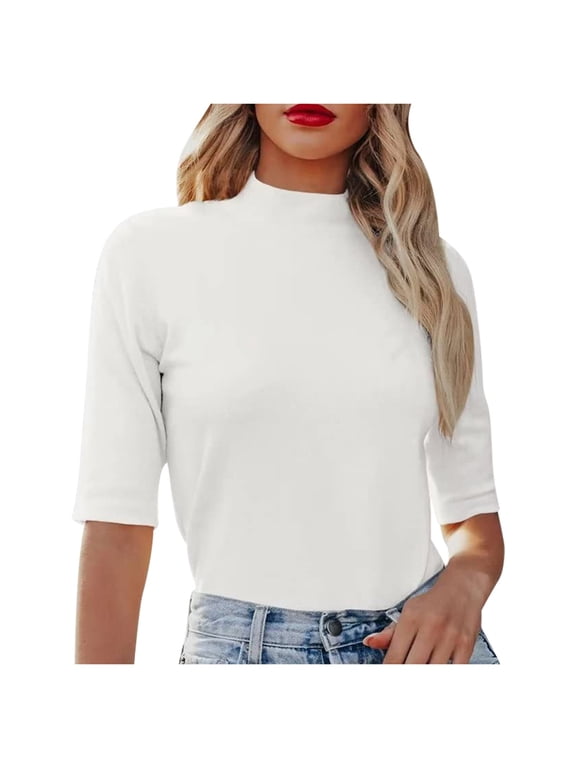 Womens T-Shirts Versatile Casual Solid Color Semi Higt Neck Elastic Mid Sleeve Tee Shirt Spring Daily Basic Tops