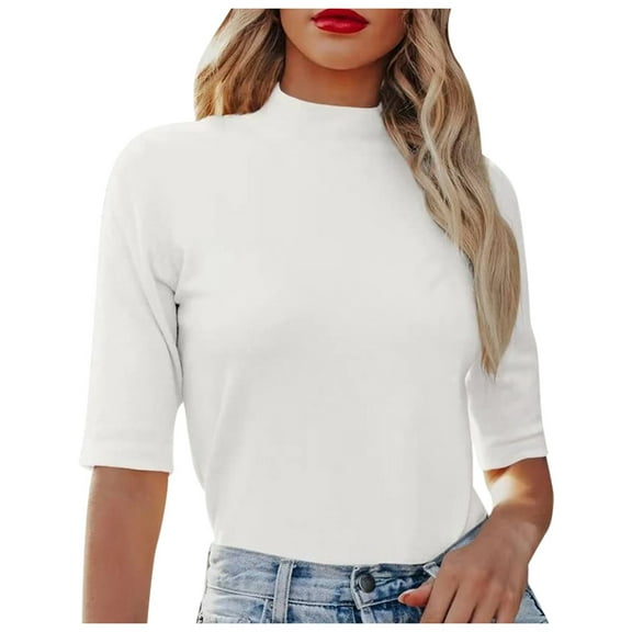 Yuanlong Womens T-Shirts Versatile Casual Solid Color Semi Higt Neck Elastic Mid Sleeve Tee Shirt Spring Daily Basic Tops