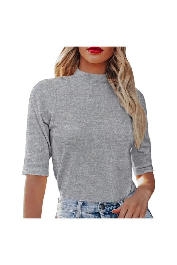 Womens T-Shirts Versatile Casual Solid Color Semi Higt Neck Elastic Mid Sleeve Tee Shirt Spring Daily Basic Tops