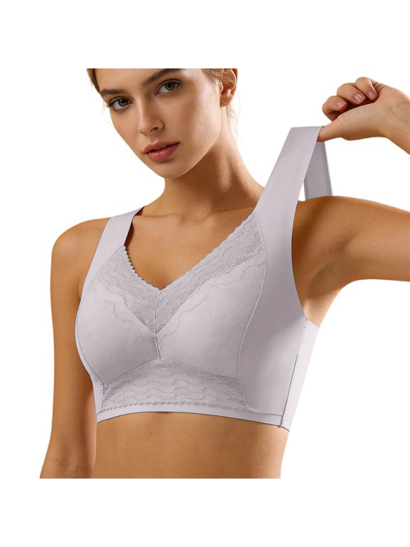 Womens T-shirt Bra Wireless Lace V Neck Lightly Lined Bralette Side Shaping Wirefree Back Closure Daily Bra