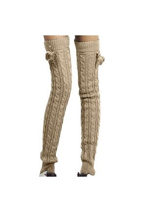Womens Thigh High Socks Cable Knit Over The Knee Stockings With Pom Stretchy Thermal Winter Slim Lady Long Socks