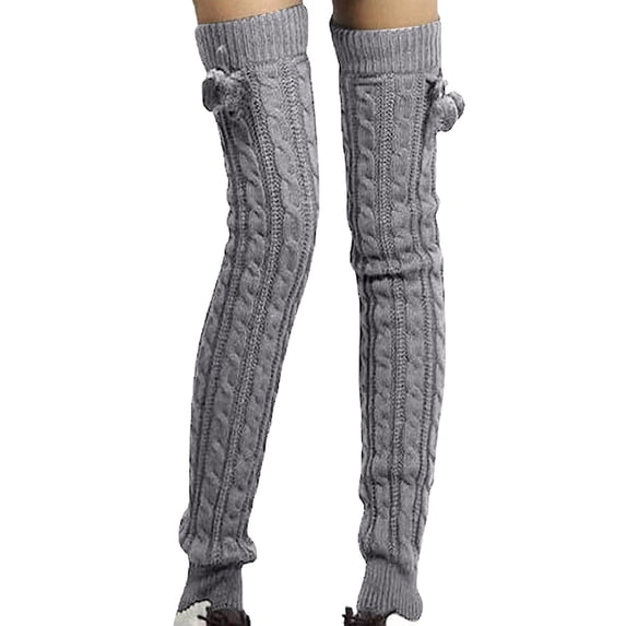 Yuanlong Womens Thigh High Socks Cable Knit Over The Knee Stockings With Pom Stretchy Thermal Winter Slim Lady Long Socks