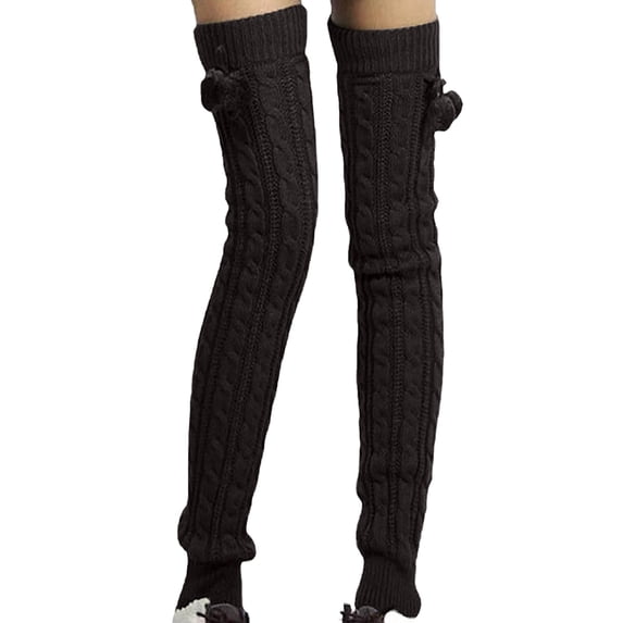 Yuanlong Womens Thigh High Socks Cable Knit Over The Knee Stockings With Pom Stretchy Thermal Winter Slim Lady Long Socks