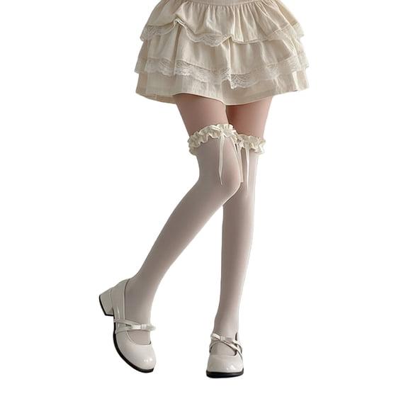 Yuanlong Womens Thigh High Socks Solid Ruffled Ribbon Over The Knee Stockings Lolita Sweet Daily Party Dressy Tall Socks