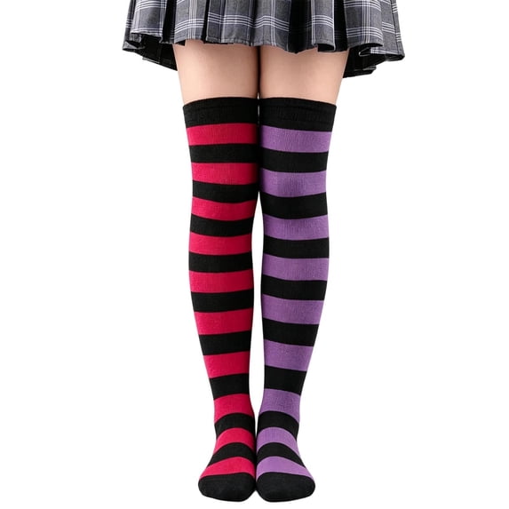 Yuanlong Womens Thigh-High Socks Striped Mismatched Socks Over The Knee Stylish Casual Halloween Hosiery