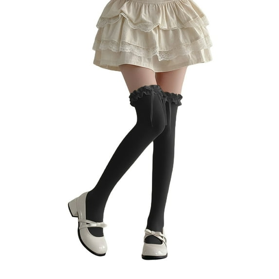 Yuanlong Womens Thigh-High Stockings Sheer Ruffle Tie Detail Over The Knee Socks Elegant Legwear For Valentine'S Day Wear