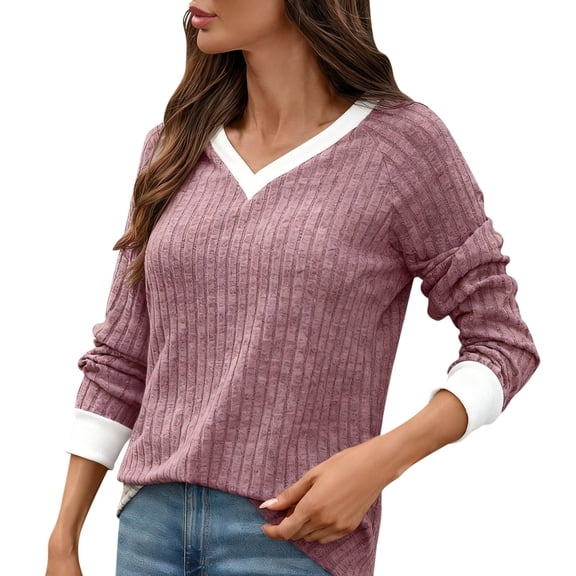 Yuanlong Womens Tops White Trim V Neck Long Sleeve Vertical Stripes Blouse Slim Cozy Spring Daily Casual Clothes For Lady