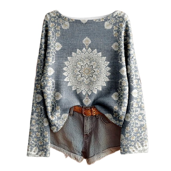 Yuanlong Womens Tshirts Boat Neck Long Sleeve Floral Print Knitted T-Shirts Oversized Fit Boho Casual Loose Tops For Lady