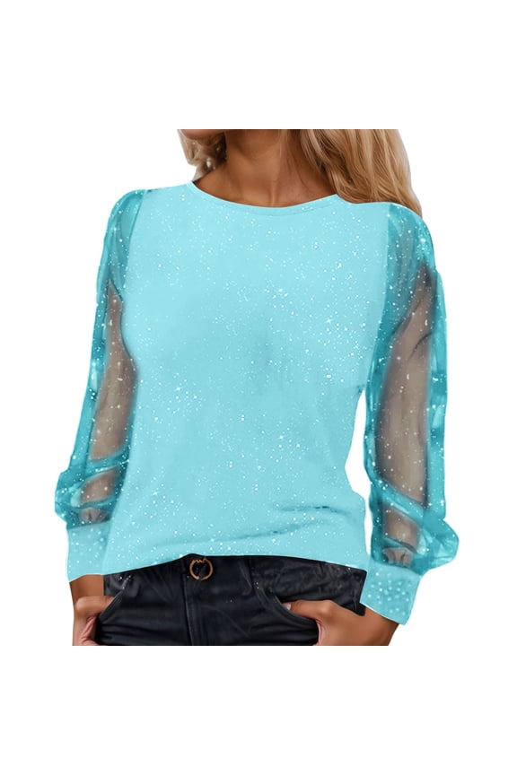 Womens Tshirts Carnival Crewneck Mesh Sheer Long Sleeve Glitter Detail T-Shirts Relaxed Valentines Day Spring Tee