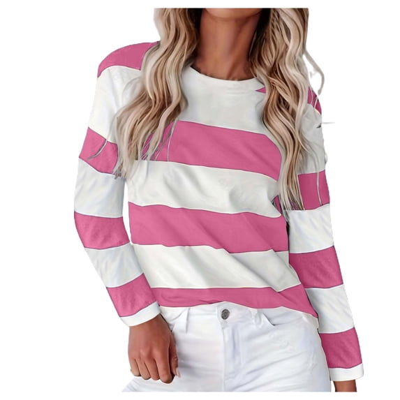 Yuanlong Womens Tshirts Crew Neck Long Sleeve Wide Stripe Pattern T-Shirts Soft Relaxed Daily Commute Spring Ladies Tops
