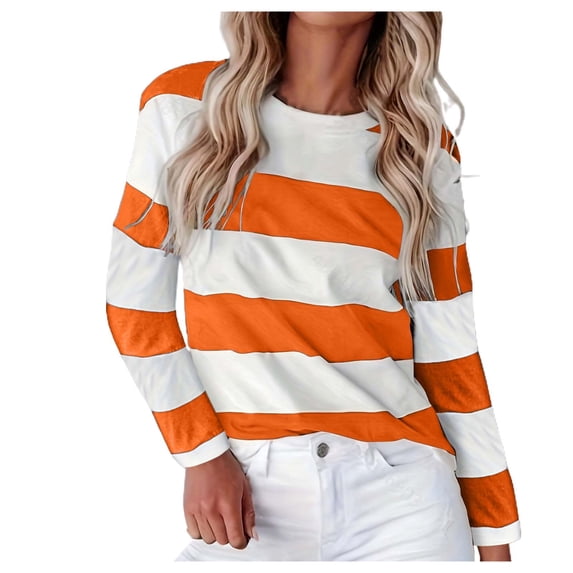 Yuanlong Womens Tshirts Crew Neck Long Sleeve Wide Stripe Pattern T-Shirts Soft Relaxed Daily Commute Spring Ladies Tops
