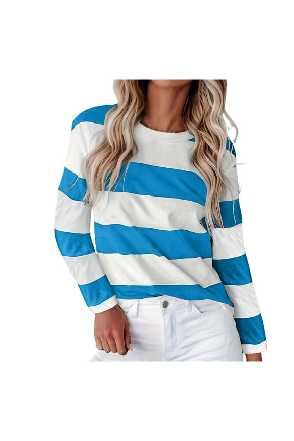 Womens Tshirts Crew Neck Long Sleeve Wide Stripe Pattern T-Shirts Soft Relaxed Daily Commute Spring Ladies Tops