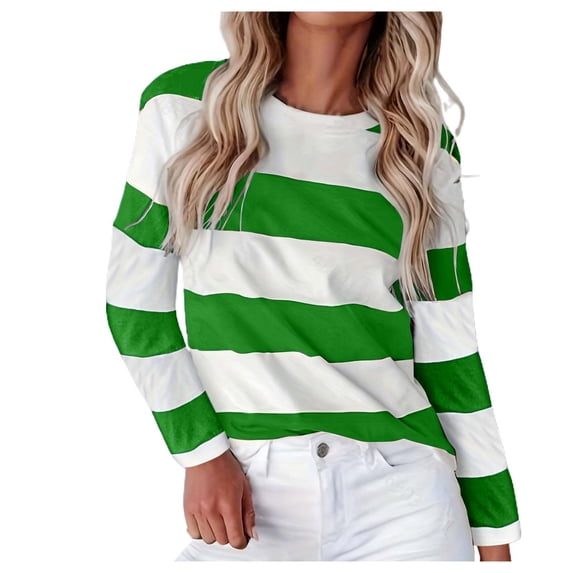 Yuanlong Womens Tshirts Crew Neck Long Sleeve Wide Stripe Pattern T-Shirts Soft Relaxed Daily Commute Spring Ladies Tops