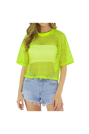 Womens Tshirts Crew Neck Short Sleeve Neon Fishnet Mesh Cropped Tshirts Carnival Summer Beach Cover Up Lady Tops