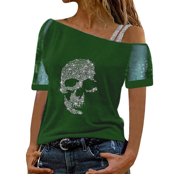 Yuanlong Womens Tshirts One Shoulder Mesh Short Sleeve Rhinestone Graphic T-Shirts Loose Summer Streetwear Fashion Tops
