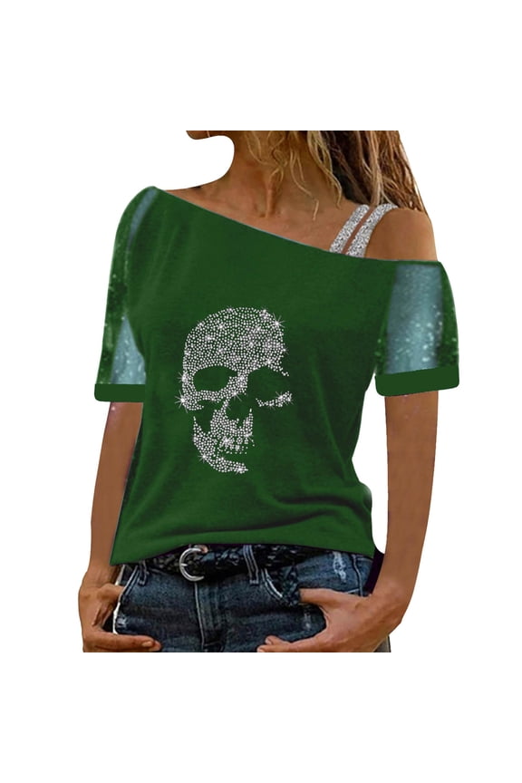 Womens Tshirts One Shoulder Mesh Short Sleeve Rhinestone Graphic T-Shirts Loose Summer Streetwear Fashion Tops