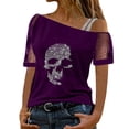 thumbnail image 1 of Yuanlong Womens Tshirts One Shoulder Mesh Short Sleeve Rhinestone Graphic T-Shirts Loose Summer Streetwear Fashion Tops, 1 of 5