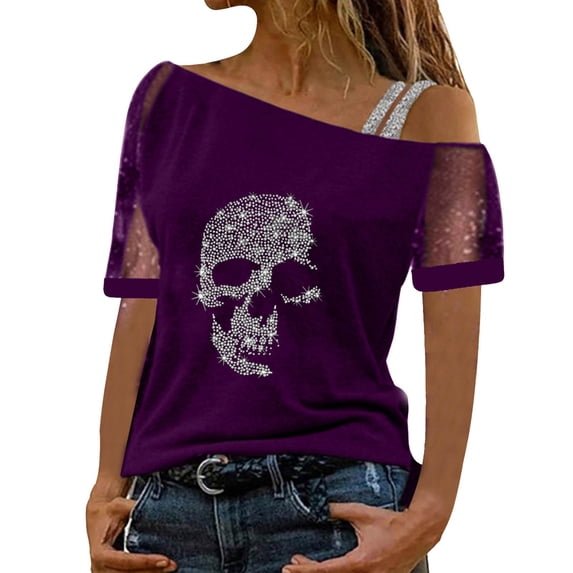 Yuanlong Womens Tshirts One Shoulder Mesh Short Sleeve Rhinestone Graphic T-Shirts Loose Summer Streetwear Fashion Tops