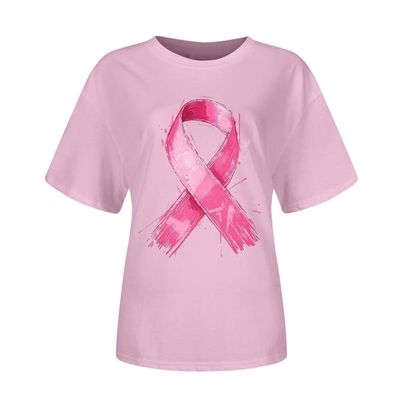 Yuanlong Womens Tshirts Short Sleeve Round Neck T Shirts With Pink Ribbon Cancer Prevention Month Daily Activities Top