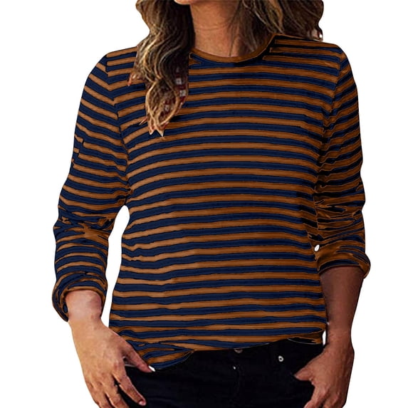Yuanlong Womens Tshirts Spring Striped Pattern Crewneck Long Sleeve T-Shirts Soft Relaxed Casual Classic Tops For Ladies