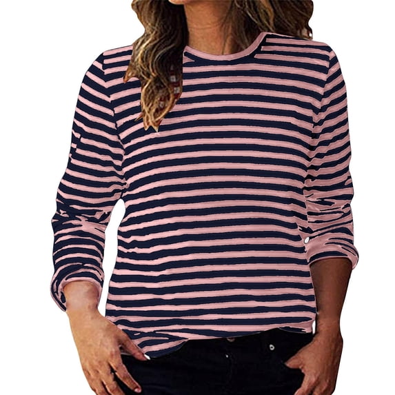 Yuanlong Womens Tshirts Spring Striped Pattern Crewneck Long Sleeve T-Shirts Soft Relaxed Casual Classic Tops For Ladies