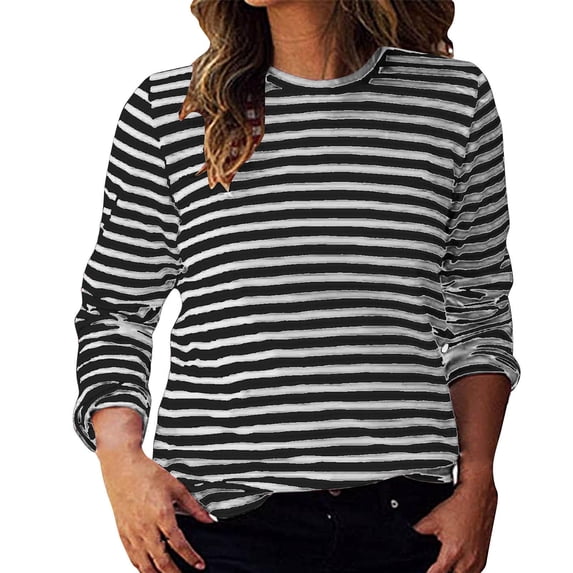 Yuanlong Womens Tshirts Spring Striped Pattern Crewneck Long Sleeve T-Shirts Soft Relaxed Casual Classic Tops For Ladies