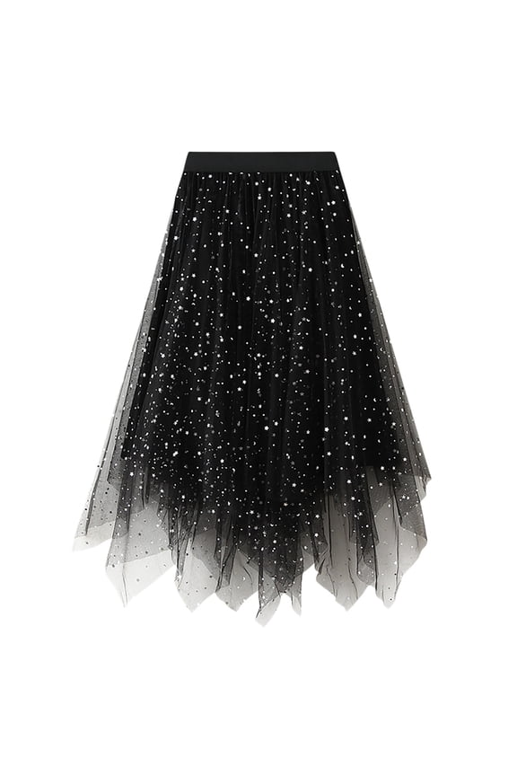 Womens Tulle Skirts Elastic Waist Asymmetrical Hem Glitter Midi Skirts Spring Summer Wear Cozy Flowing Half Dress