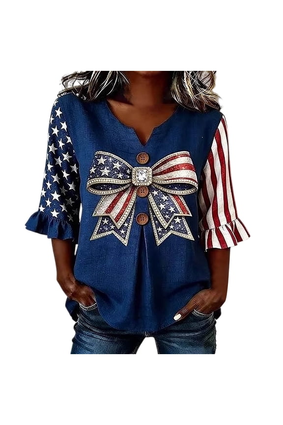 Womens USA Flag Bow Graphic Blouse Notch Neck 3/4 Sleeve Independence Day Top Patriotic Loose Casual Holiday Shirts
