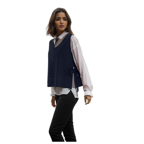 Yuanlong Womens Vests Sweaters Solid V Neck Sleeveless Side Tie Waist Knitted Vest Spring Loose Cozy Cropped Tank Sweater