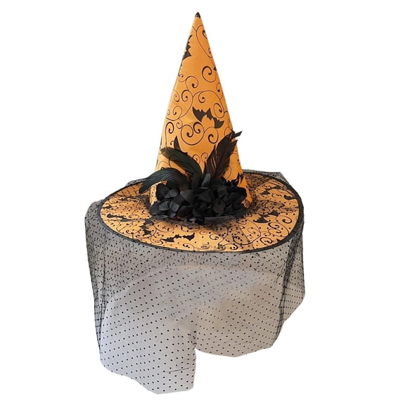 Yuanlong Womens Witch Hat Polka Dot Tulle Veil Pointed Bat Pattern Fancy Dress Halloween Stage Performance Hat