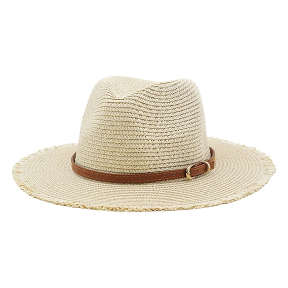 Yuanlong Womens Woven Straw Hats Leather Buckle Band Fedora Hat Spring Summer Breathable Beach Holiday Casual Lady Sun Cap