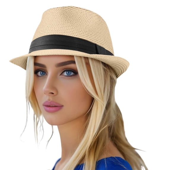 Yuanlong Womens Woven Straw Hats Solid Color Ribbon Band Jazz Hat Early Spring Summer Lightweight Beach Fashionable Caps
